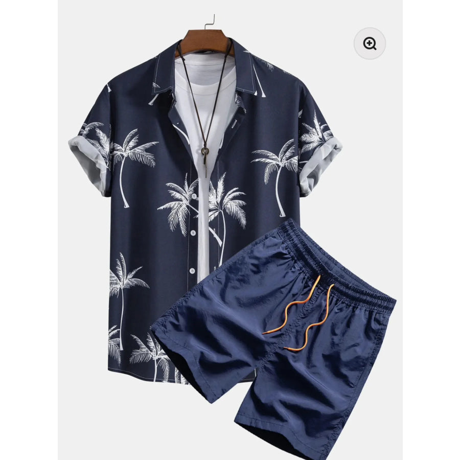 Men’s Full Size Palm Tree Print Short Sleeve Shirt and Shorts Set Plus Size Dark Navy / S Apparel and Accessories