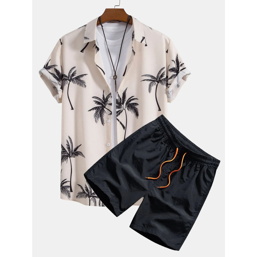 Men’s Full Size Palm Tree Print Short Sleeve Shirt and Shorts Set Plus Size Pale Blush / S Apparel and Accessories