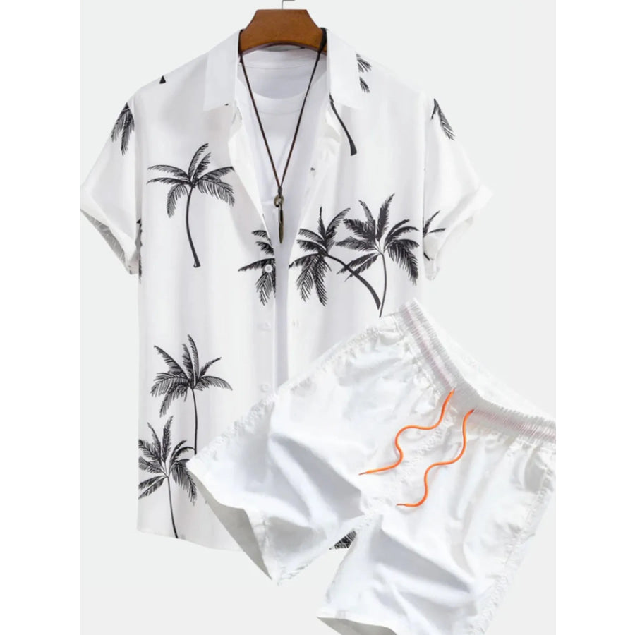 Men’s Full Size Palm Tree Print Short Sleeve Shirt and Shorts Set Plus Size White / S Apparel and Accessories