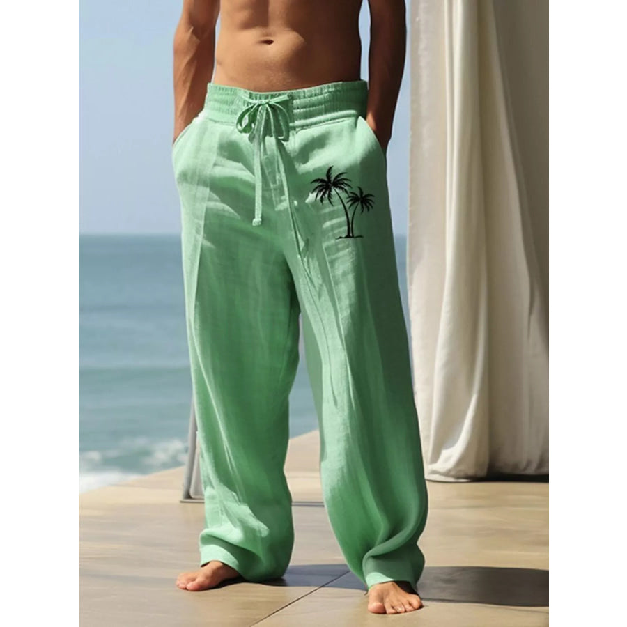 Men’s Full Size Palm Tree Wide Leg Pants Set Plus Size Neon Green / S Apparel and Accessories