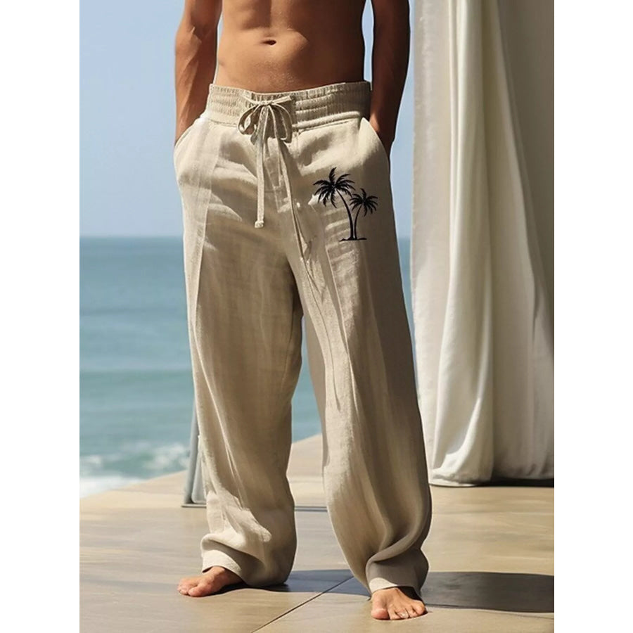 Men’s Full Size Palm Tree Wide Leg Pants Set Plus Size Tan / S Apparel and Accessories