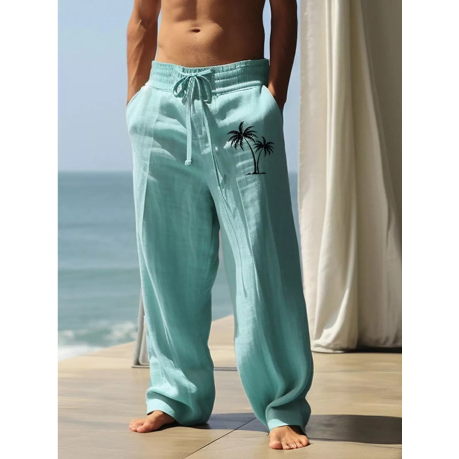 Men’s Full Size Palm Tree Wide Leg Pants Set Plus Size Turquoise / S Apparel and Accessories