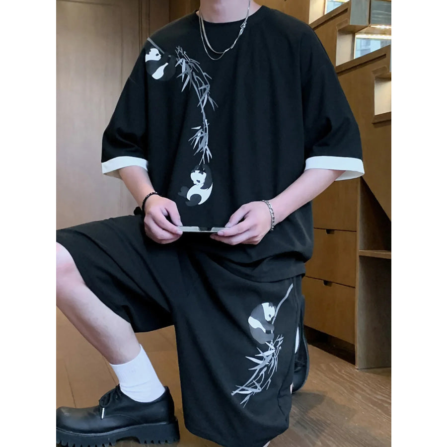 Men’s Full Size Panda Bamboo Print Tee and Shorts Set Plus Size Apparel and Accessories