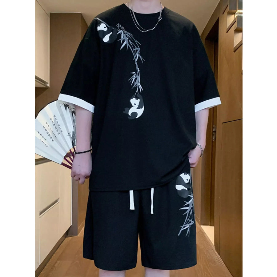 Men’s Full Size Panda Bamboo Print Tee and Shorts Set Plus Size Black / M Apparel and Accessories