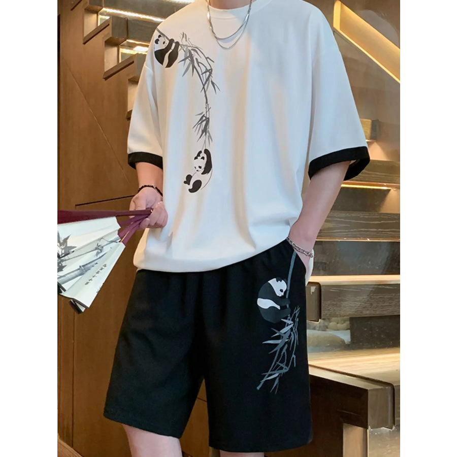Men’s Full Size Panda Bamboo Print Tee and Shorts Set Plus Size White / M Apparel and Accessories