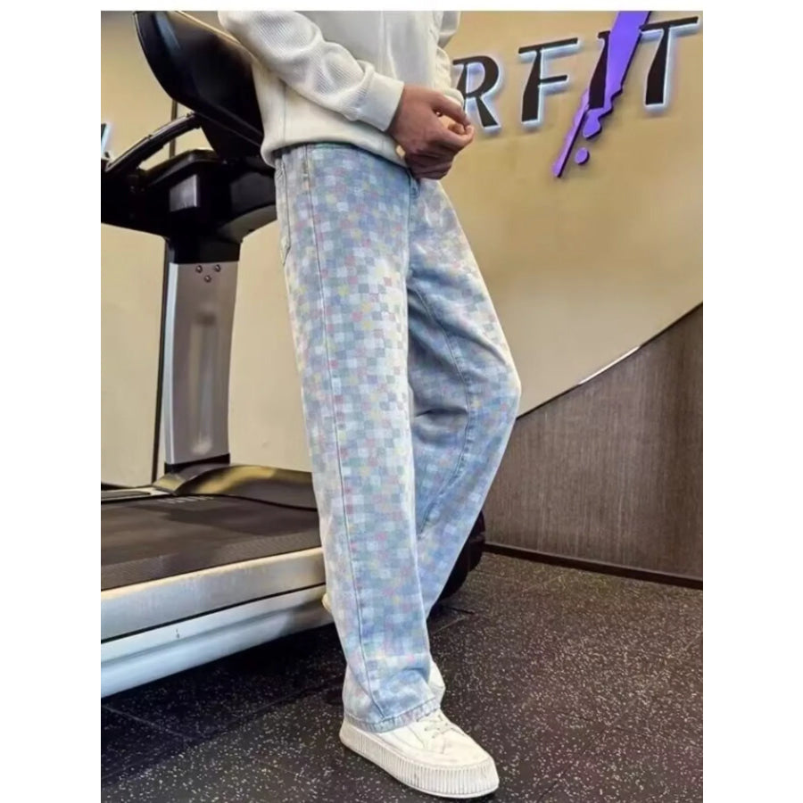 Men’s Full Size Pastel Checkerboard Wide-Leg Jeans Plus Apparel and Accessories