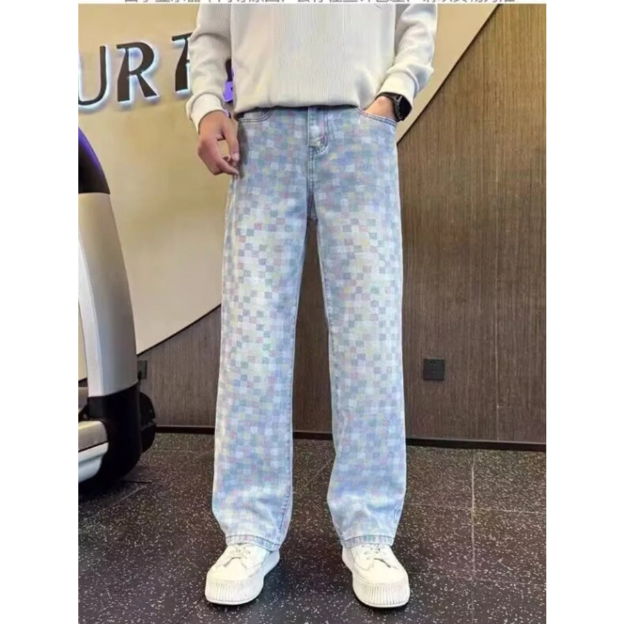 Men’s Full Size Pastel Checkerboard Wide-Leg Jeans Plus Apparel and Accessories
