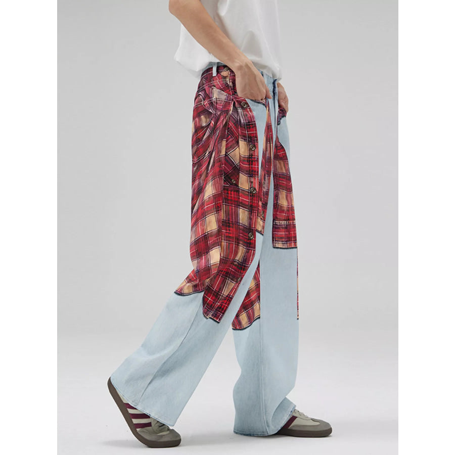 Men’s Full Size Plaid Patchwork Wide Leg Jeans Plus Size Apparel and Accessories