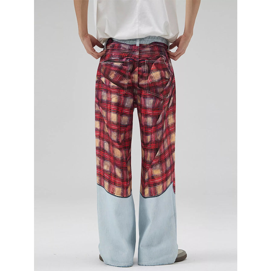 Men’s Full Size Plaid Patchwork Wide Leg Jeans Plus Size Apparel and Accessories