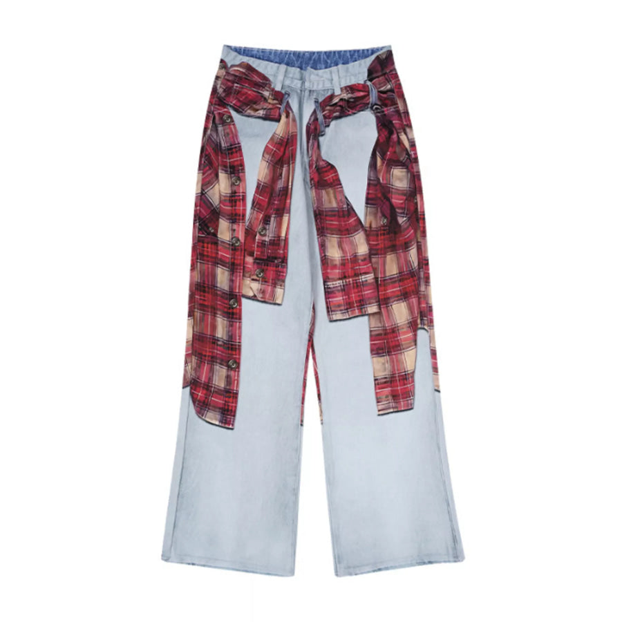 Men’s Full Size Plaid Patchwork Wide Leg Jeans Plus Size Apparel and Accessories