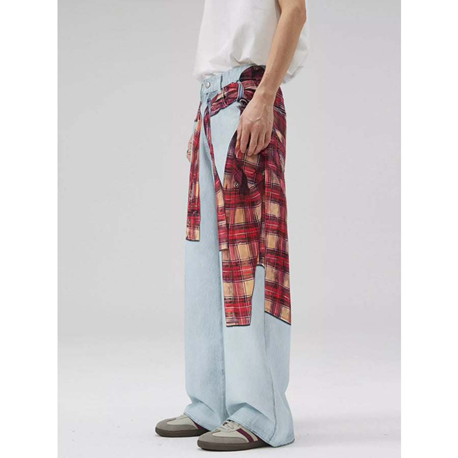 Men’s Full Size Plaid Patchwork Wide Leg Jeans Plus Size Apparel and Accessories