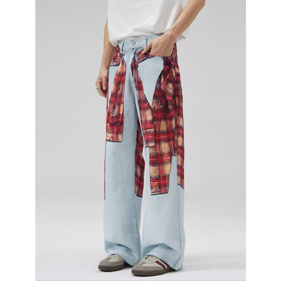 Men’s Full Size Plaid Patchwork Wide Leg Jeans Plus Size Apparel and Accessories