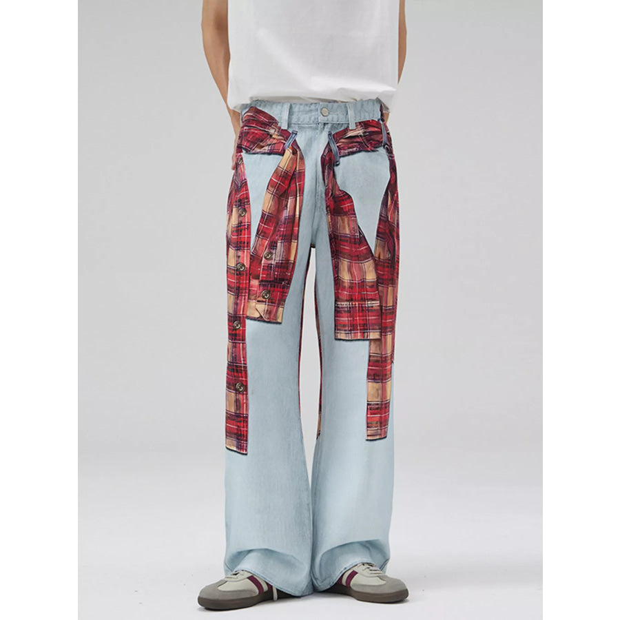Men’s Full Size Plaid Patchwork Wide Leg Jeans Plus Size Light Blue / S Apparel and Accessories