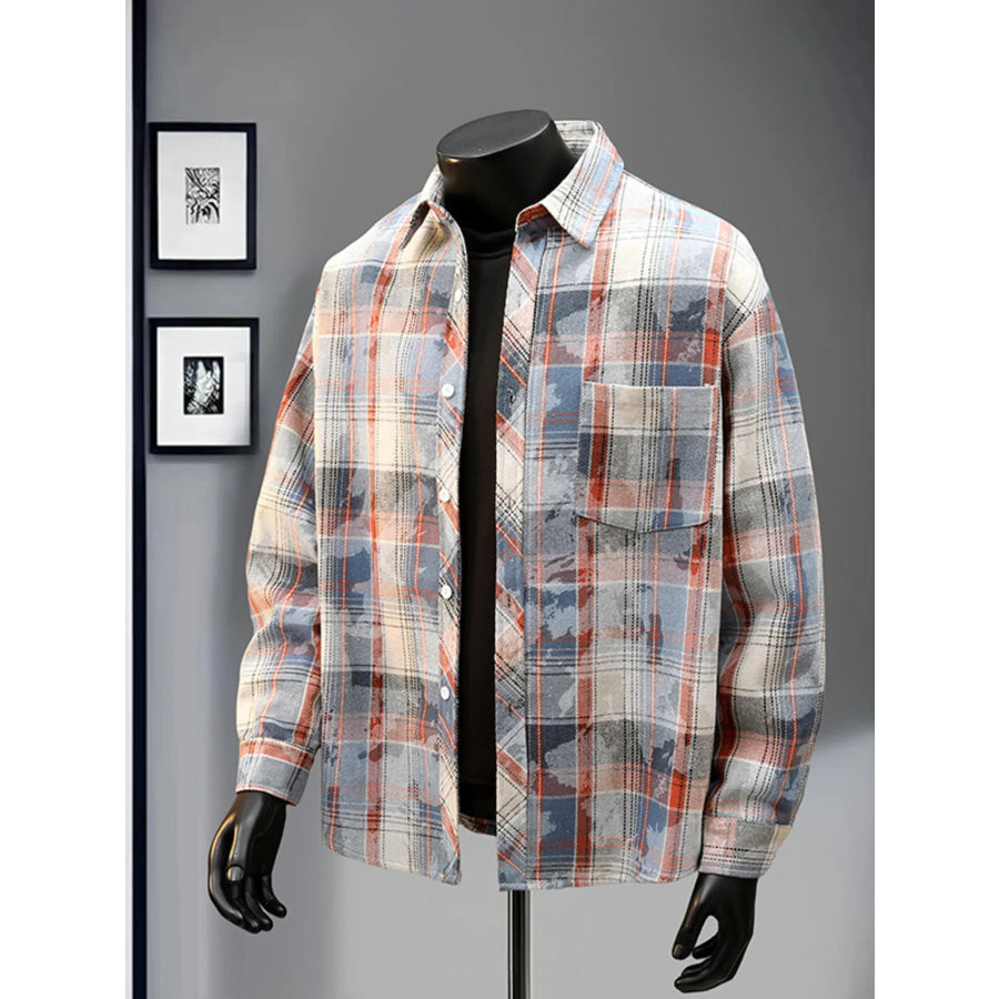 Men’s Full Size Plaid Print Long Sleeve Shirt Plus Size Blue / S Apparel and Accessories