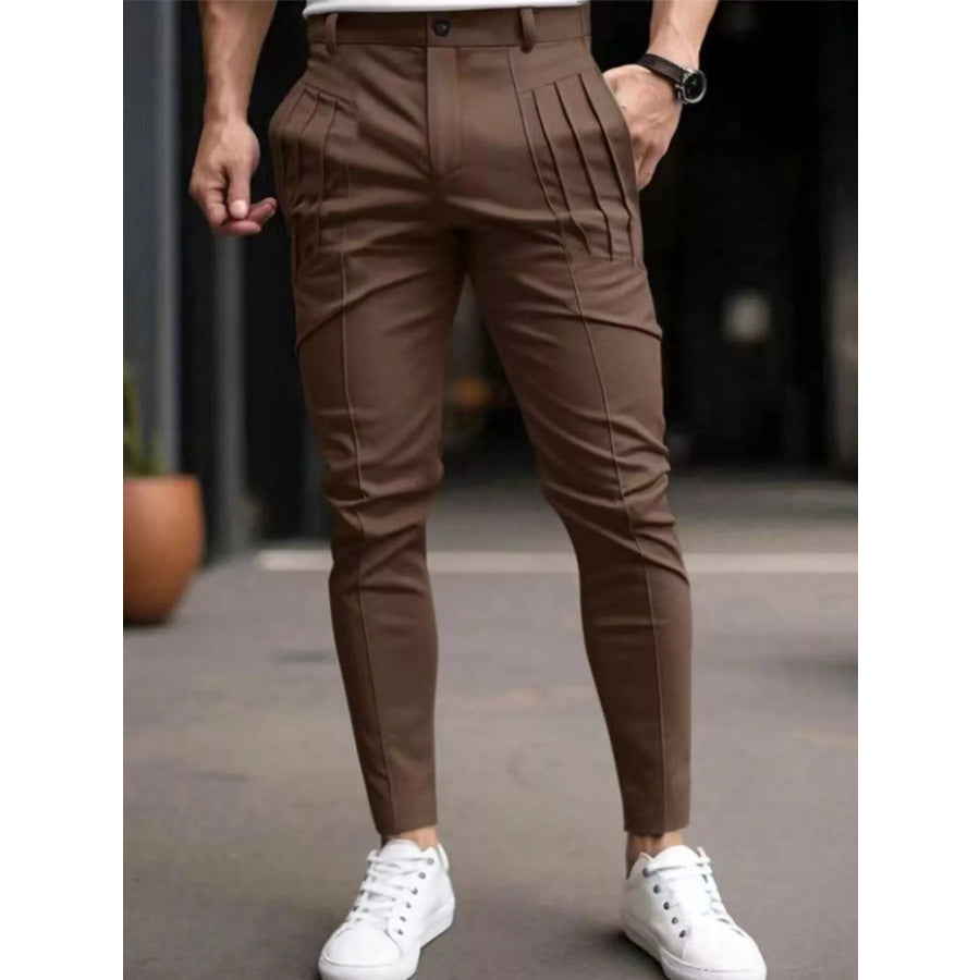 Men’s Full Size Pleated Slim Fit Casual Pants Plus Size Brown / S Apparel and Accessories