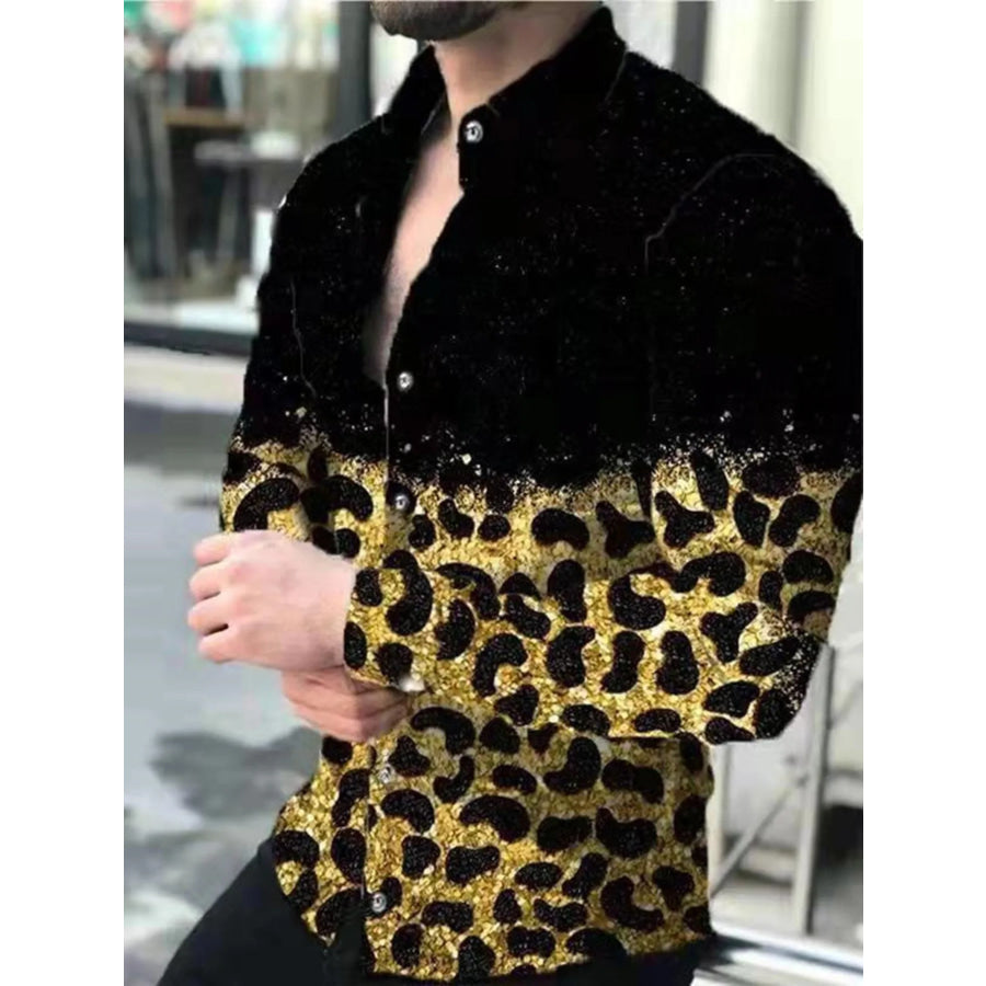 Men’s Full Size Printed Button-Down Shirt Plus Size Leopard / S Apparel and Accessories