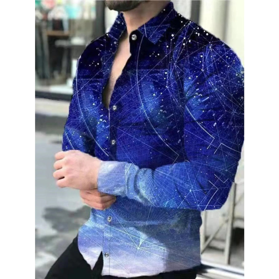 Men’s Full Size Printed Button-Down Shirt Plus Size Royal Blue / S Apparel and Accessories
