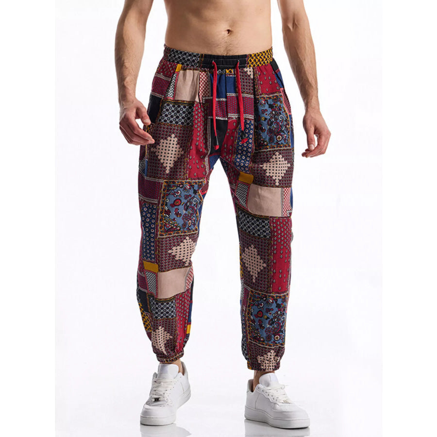 Men’s Full Size Printed Drawstring Casual Pants Plus Size Chocolate / S Apparel and Accessories