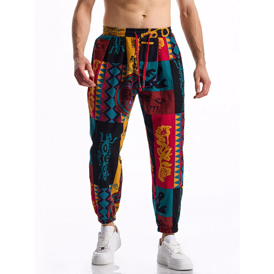 Men’s Full Size Printed Drawstring Casual Pants Plus Size Red / S Apparel and Accessories