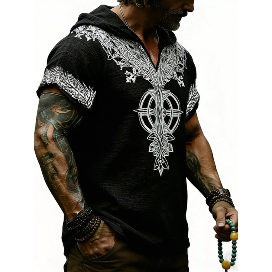 Men’s Full Size Printed Hooded Short Sleeve Top Plus Size Apparel and Accessories