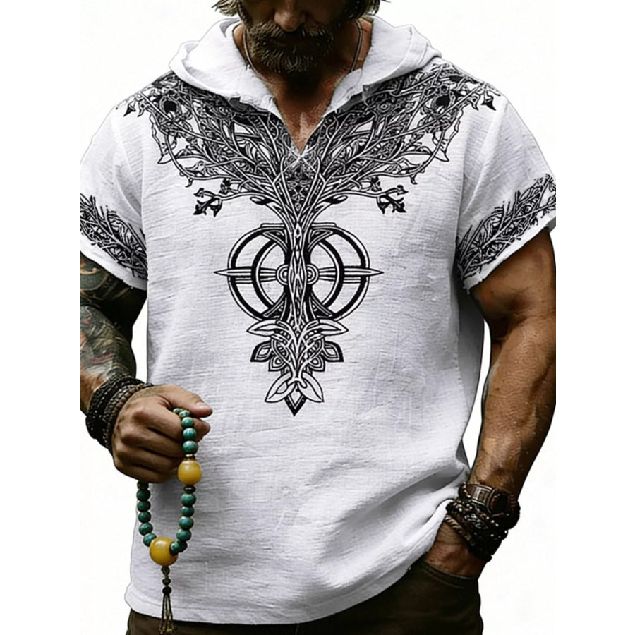 Men’s Full Size Printed Hooded Short Sleeve Top Plus Size Apparel and Accessories