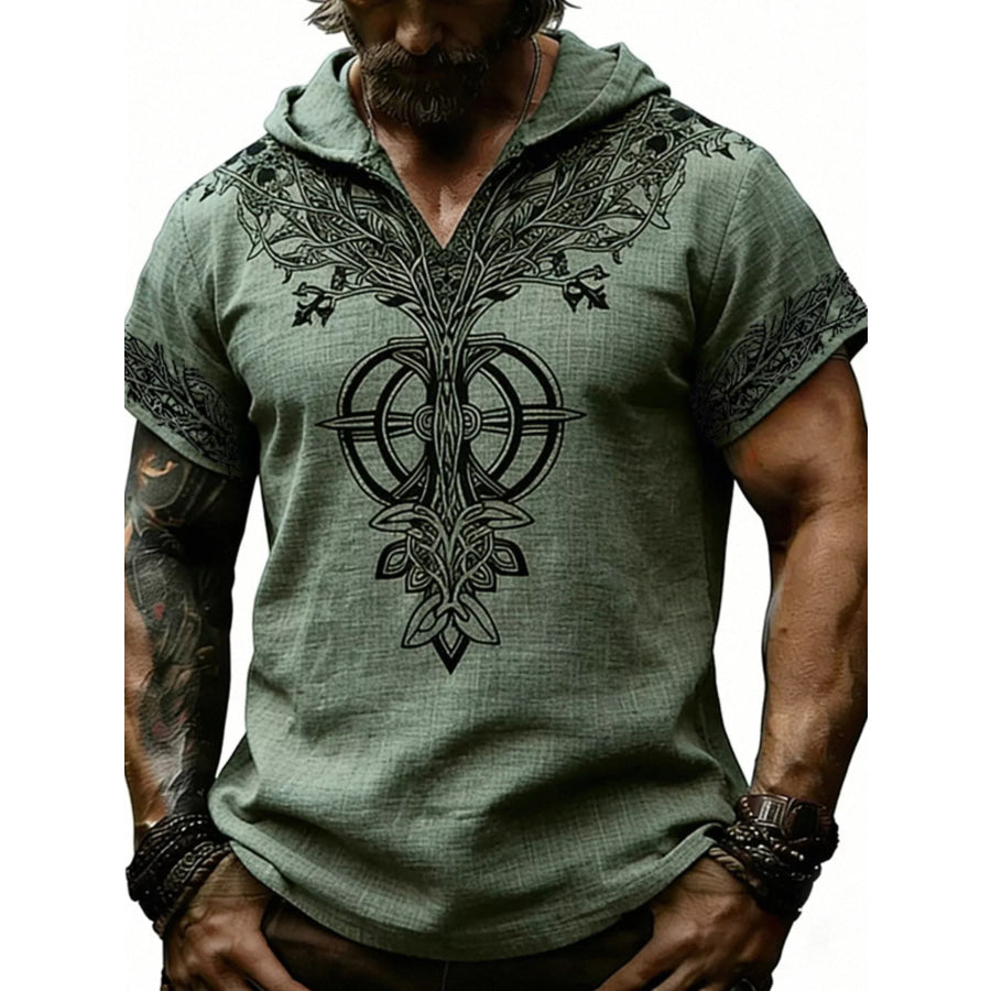 Men’s Full Size Printed Hooded Short Sleeve Top Plus Size Apparel and Accessories