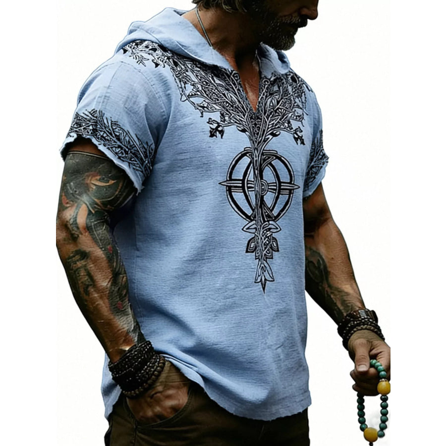 Men’s Full Size Printed Hooded Short Sleeve Top Plus Size Apparel and Accessories