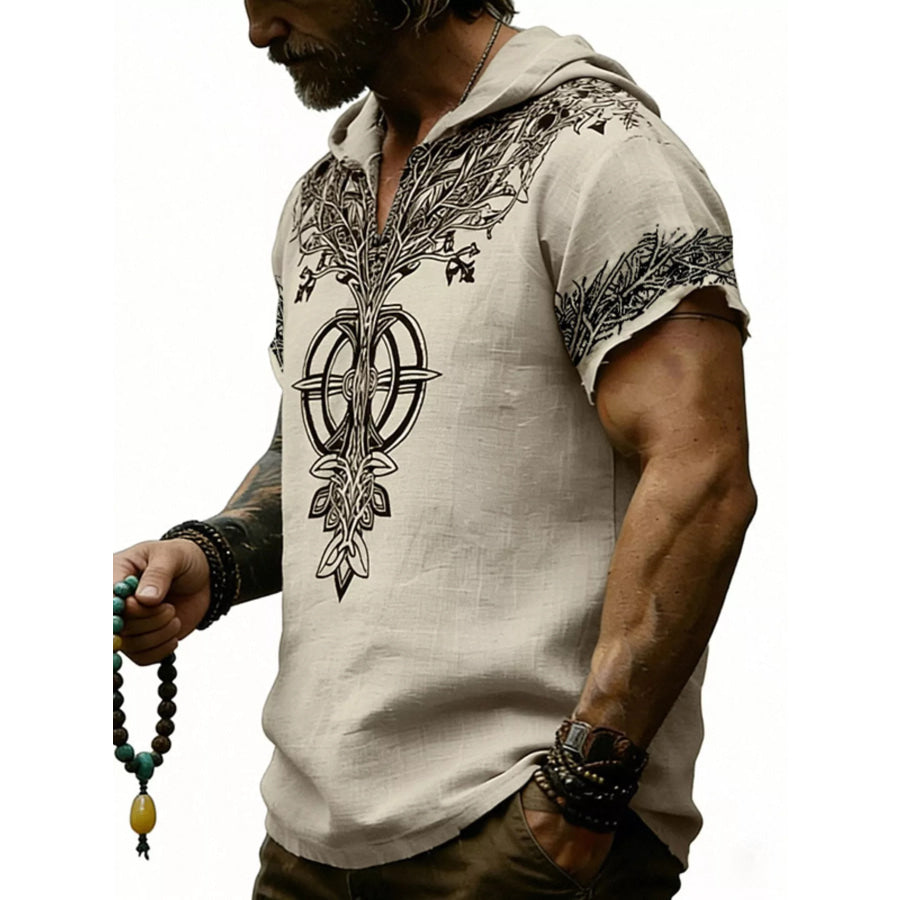 Men’s Full Size Printed Hooded Short Sleeve Top Plus Size Apricot / S Apparel and Accessories