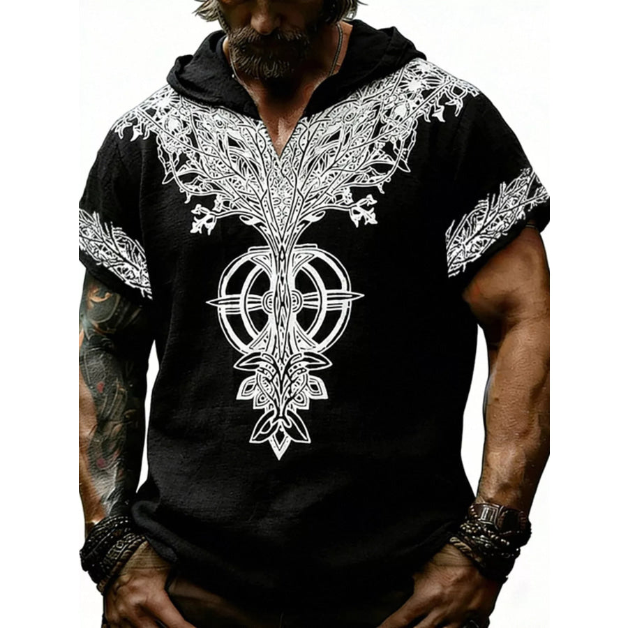 Men’s Full Size Printed Hooded Short Sleeve Top Plus Size Black / S Apparel and Accessories