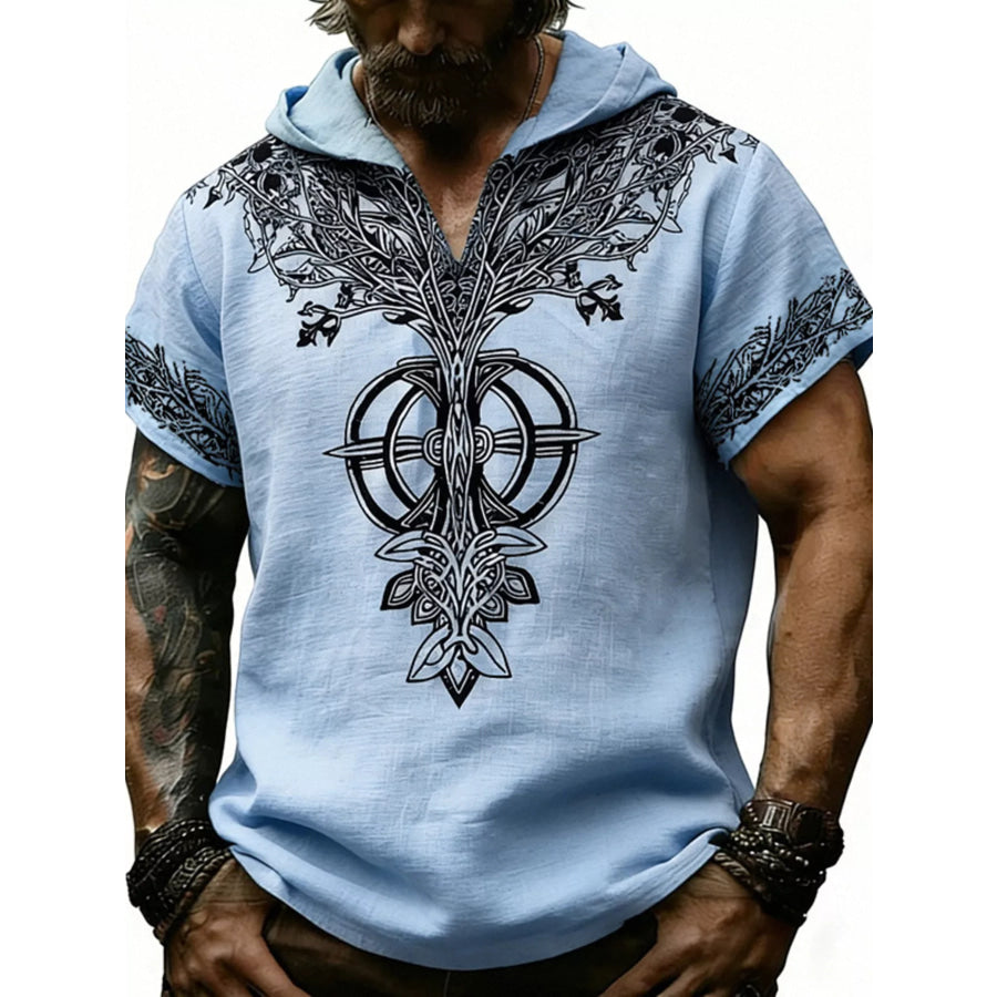 Men’s Full Size Printed Hooded Short Sleeve Top Plus Size Light Blue / S Apparel and Accessories