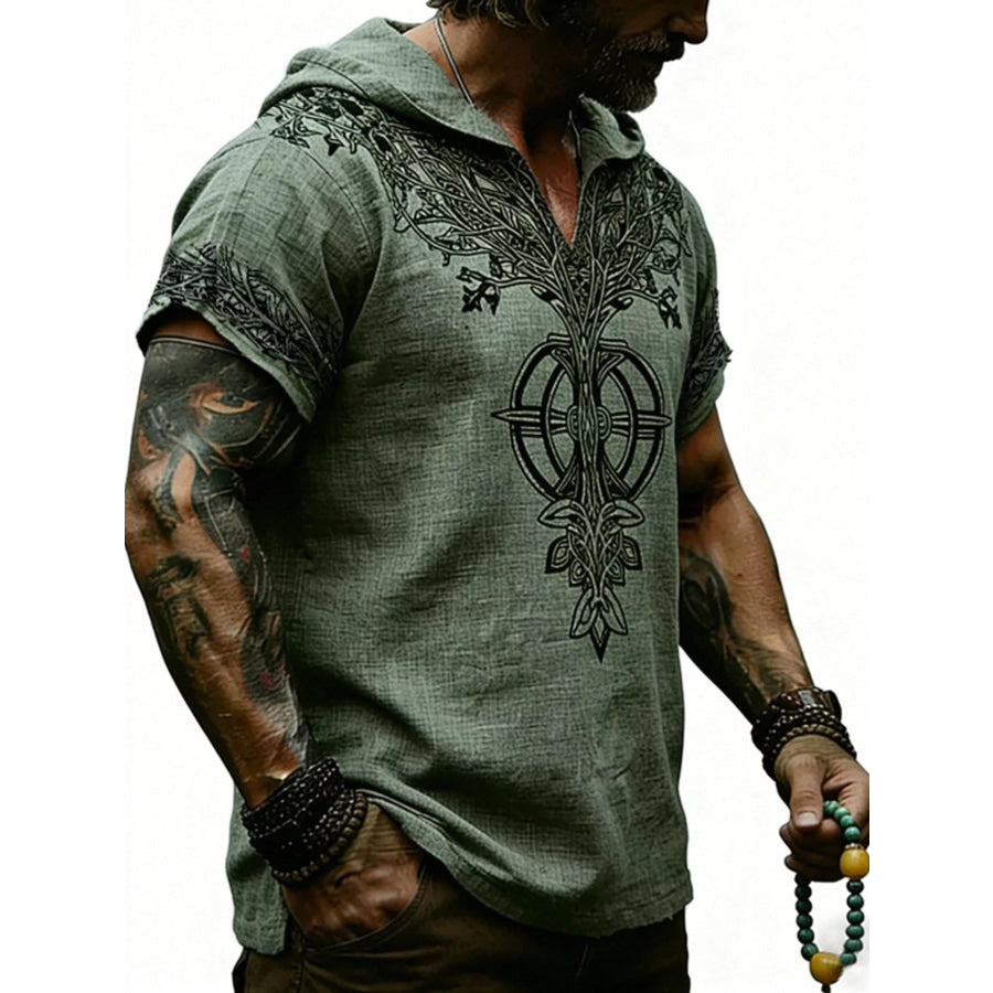 Men’s Full Size Printed Hooded Short Sleeve Top Plus Size Light Green / S Apparel and Accessories