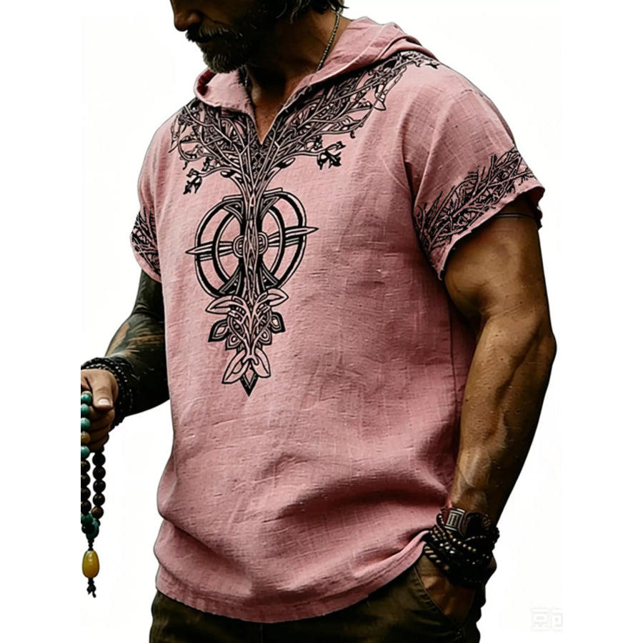 Men’s Full Size Printed Hooded Short Sleeve Top Plus Size Pink / S Apparel and Accessories