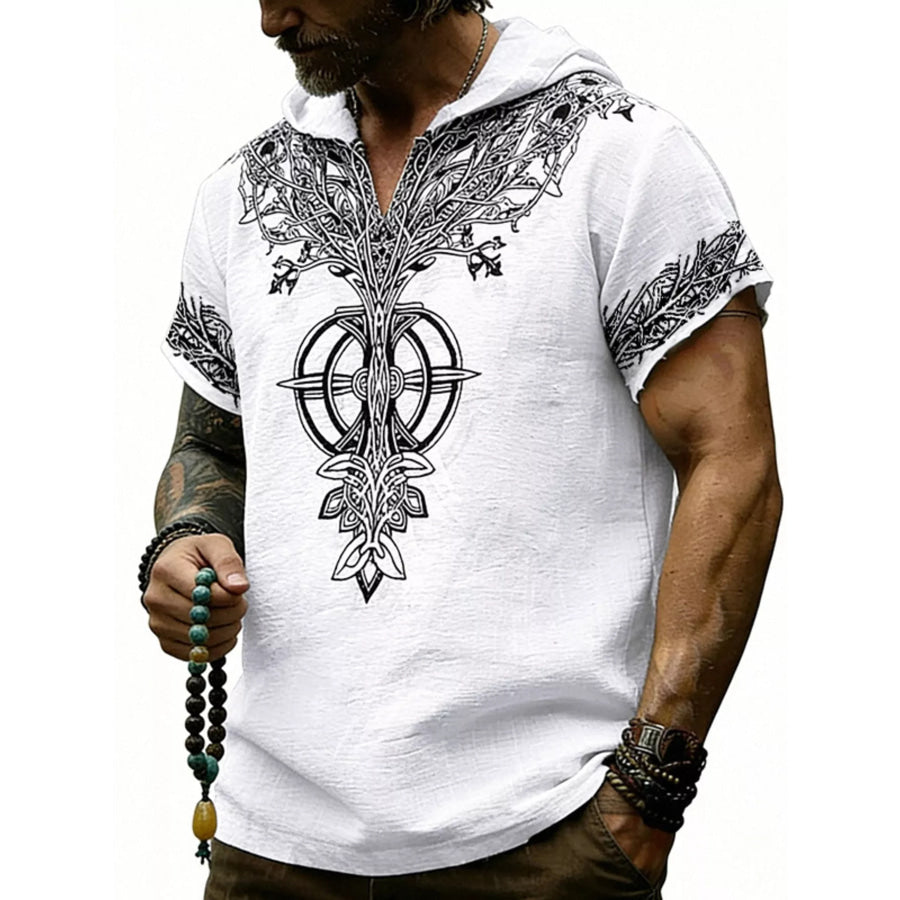 Men’s Full Size Printed Hooded Short Sleeve Top Plus Size White / S Apparel and Accessories