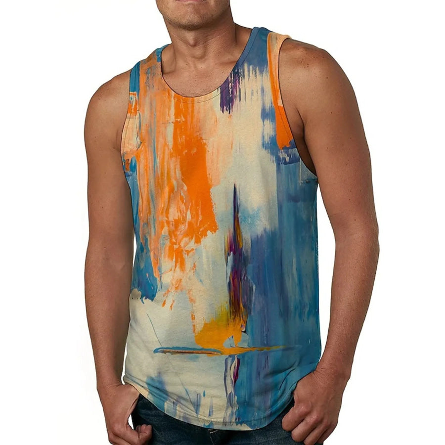 Men’s Full Size Printed Round Neck Tank Top Plus Size Tangerine / S Apparel and Accessories