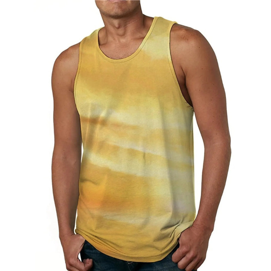 Men’s Full Size Printed Round Neck Tank Top Plus Size Yellow / S Apparel and Accessories