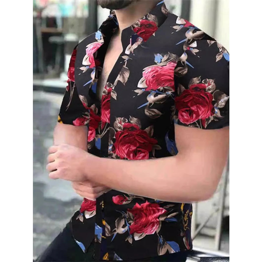Men’s Full Size Printed Short Sleeve Shirt Plus Size Deep Red / XS Apparel and Accessories