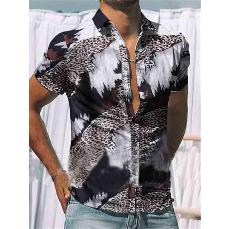 Men’s Full Size Printed Short Sleeve Shirt Plus Size Leopard / XS Apparel and Accessories