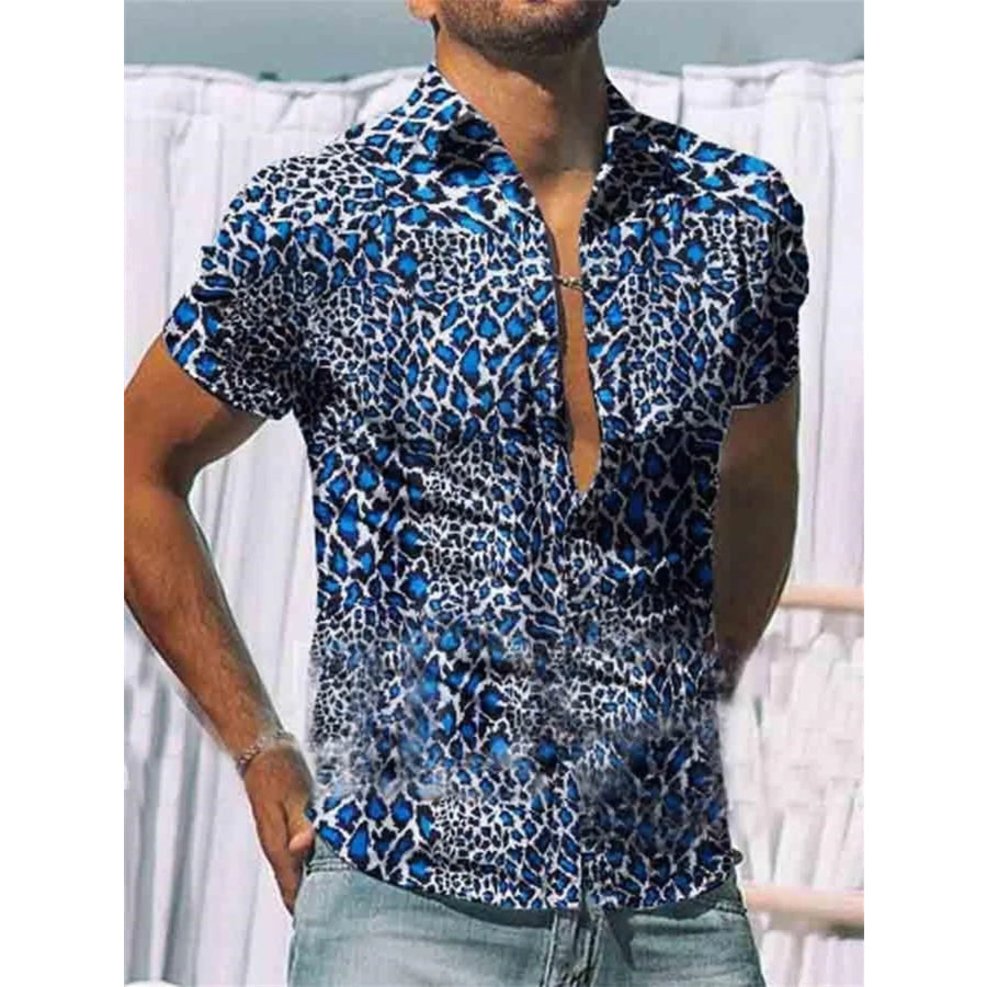 Men’s Full Size Printed Short Sleeve Shirt Plus Size Sky Blue / XS Apparel and Accessories
