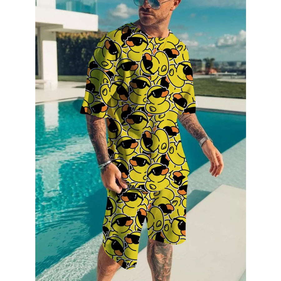 Men’s Full Size Printed Short Sleeve Tee and Shorts Plus Size Black / XS Apparel and Accessories