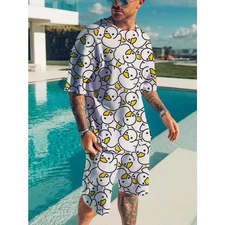 Men’s Full Size Printed Short Sleeve Tee and Shorts Plus Size Black / XS Apparel and Accessories