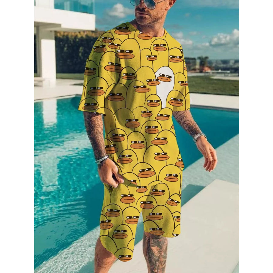 Men’s Full Size Printed Short Sleeve Tee and Shorts Plus Size Yellow / XS Apparel and Accessories
