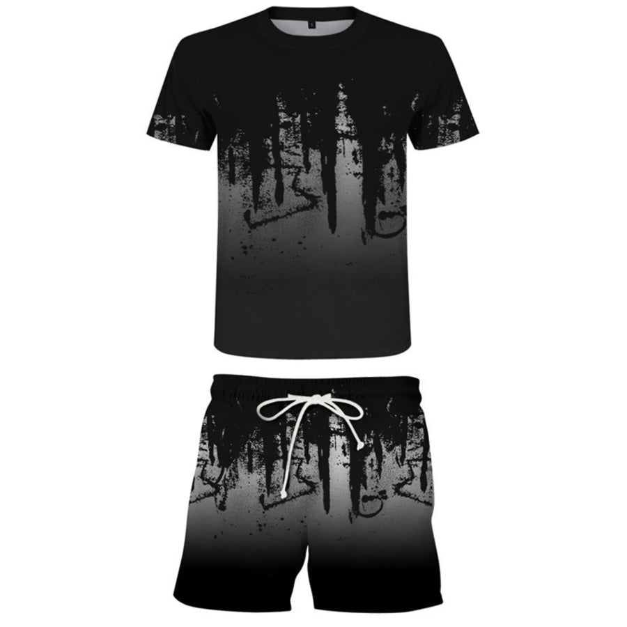 Men’s Full Size Printed Short Sleeve Tee and Shorts Set Plus Size Black / S Apparel and Accessories