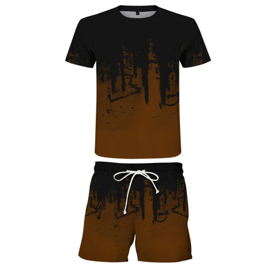 Men’s Full Size Printed Short Sleeve Tee and Shorts Set Plus Size Brown / S Apparel and Accessories