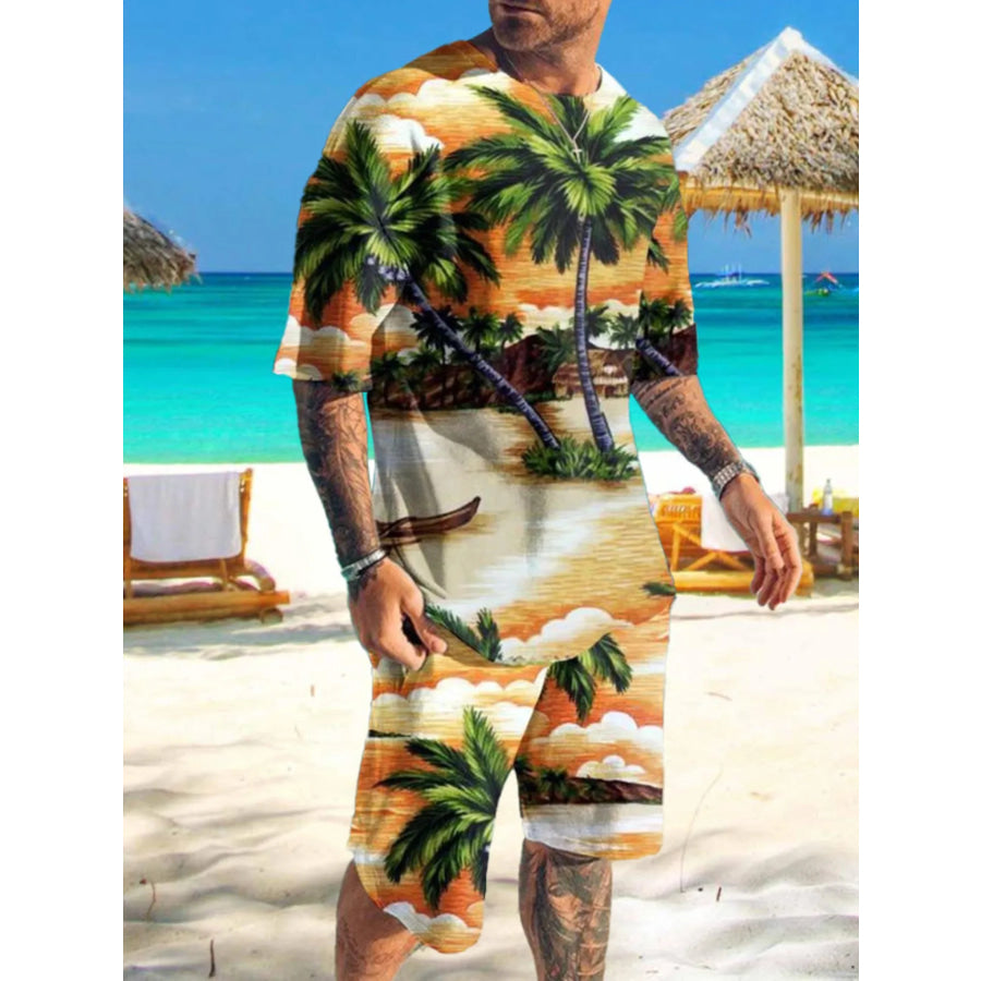 Men’s Full Size Printed Short Sleeve Tee and Shorts Set Plus Size Gold / S Apparel and Accessories