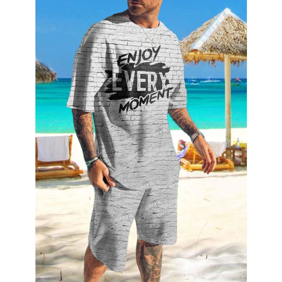 Men’s Full Size Printed Short Sleeve Tee and Shorts Set Plus Size Gray / S Apparel and Accessories