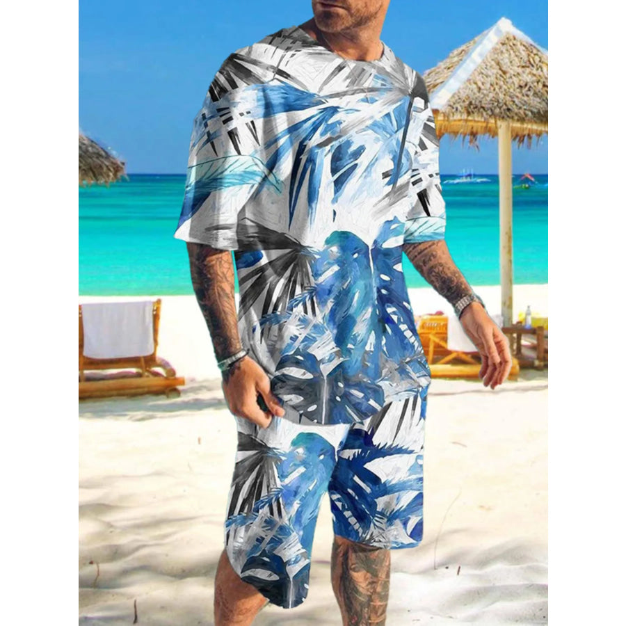 Men’s Full Size Printed Short Sleeve Tee and Shorts Set Plus Size Pastel Blue / S Apparel and Accessories