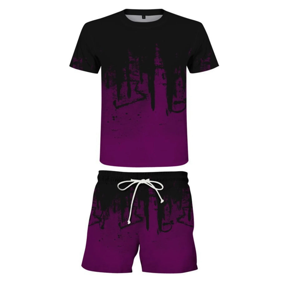 Men’s Full Size Printed Short Sleeve Tee and Shorts Set Plus Size Plum Purple / S Apparel and Accessories