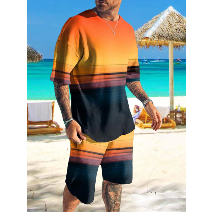 Men’s Full Size Printed Short Sleeve Tee and Shorts Set Plus Size Tangerine / S Apparel and Accessories