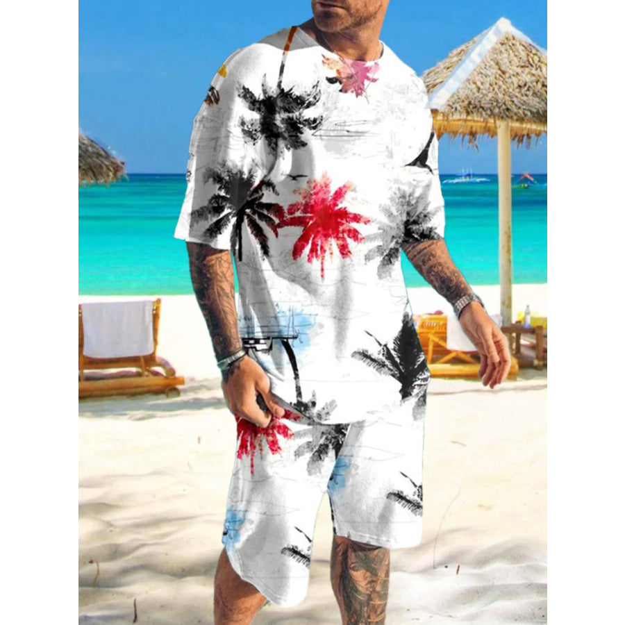 Men’s Full Size Printed Short Sleeve Tee and Shorts Set Plus Size White / S Apparel and Accessories