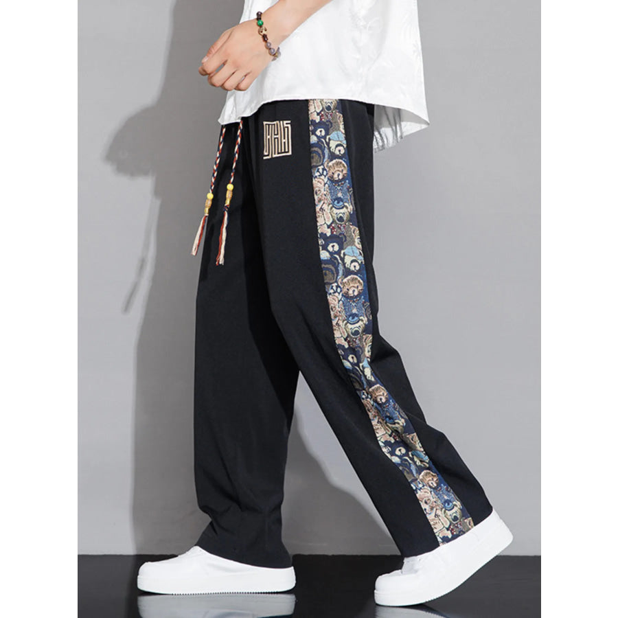 Men’s Full Size Printed Side Stripe Loose Pants Plus Size Black / S Apparel and Accessories